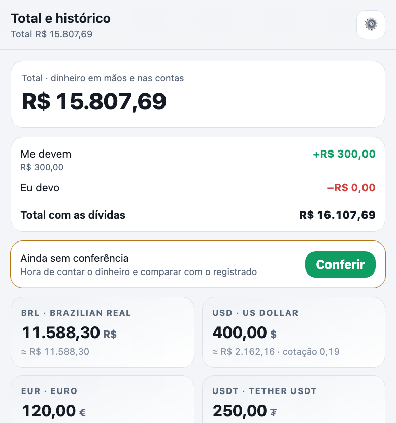 Total em todas as moedas, dívidas e conferência
